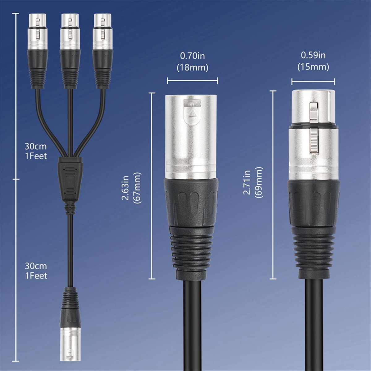 Audio Music Splitter - (PQWN) 3Pin XLR Male to 3